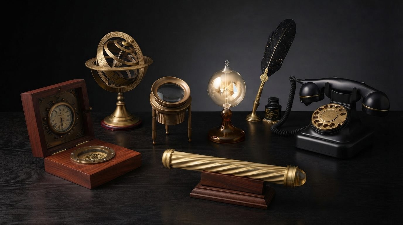 The seven Black Oak strategic instruments arranged together on a dark oak table