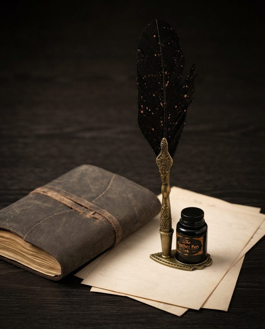 Black feather pen, ink, and leather journal representing executive commitment