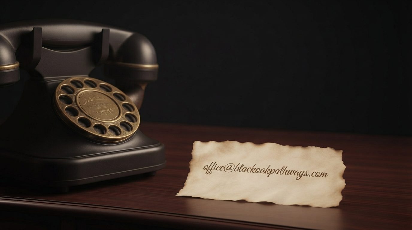 Black rotary telephone beside the Black Oak contact card, ready for a strategic conversation