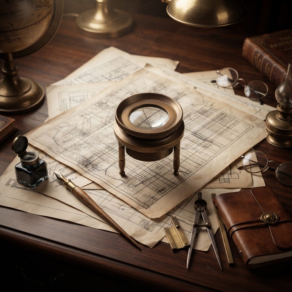 Brass chart magnifier examining strategic drawings, representing evidence examined before action
