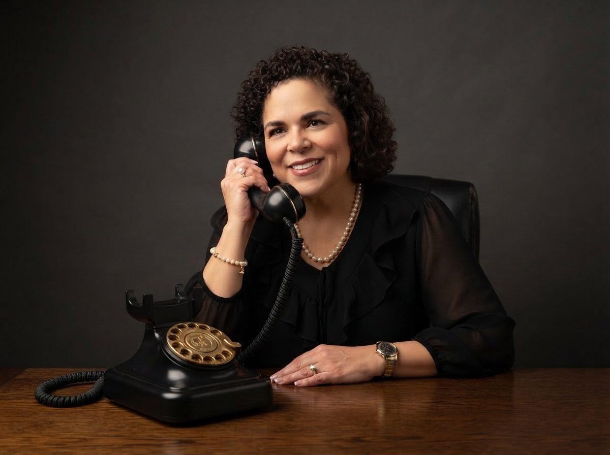 Maria F. Espinosa beginning a thoughtful conversation on the Black Oak rotary telephone