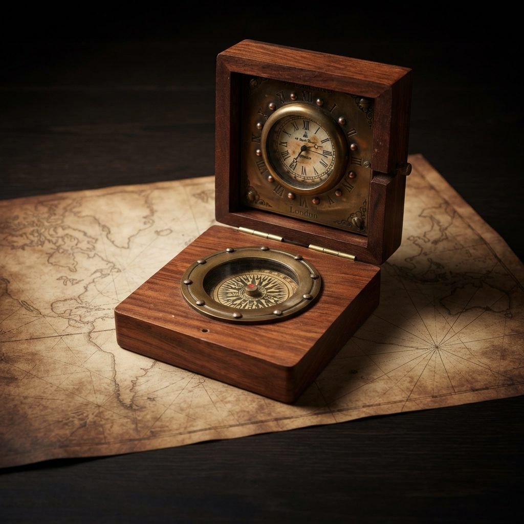Open direction instrument with a clock and compass over a map for choosing destination and timing