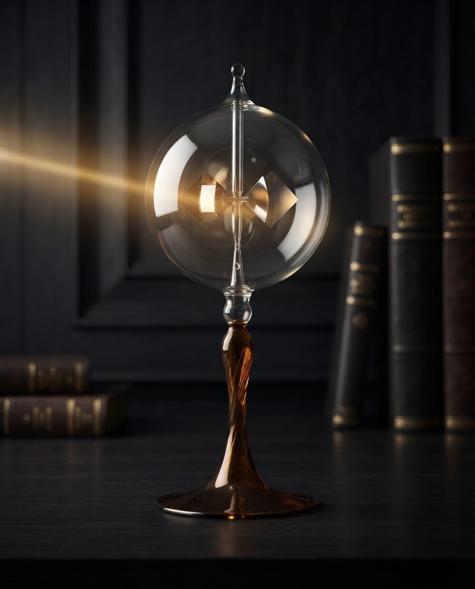 Glass Crookes radiometer illuminated in a dark library, representing the energy required to create momentum