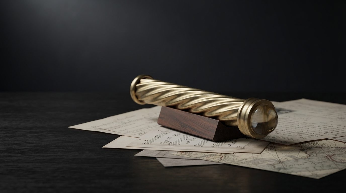 Brass teleidoscope resting over maps, music, and handwritten documents, representing perspective before prescription