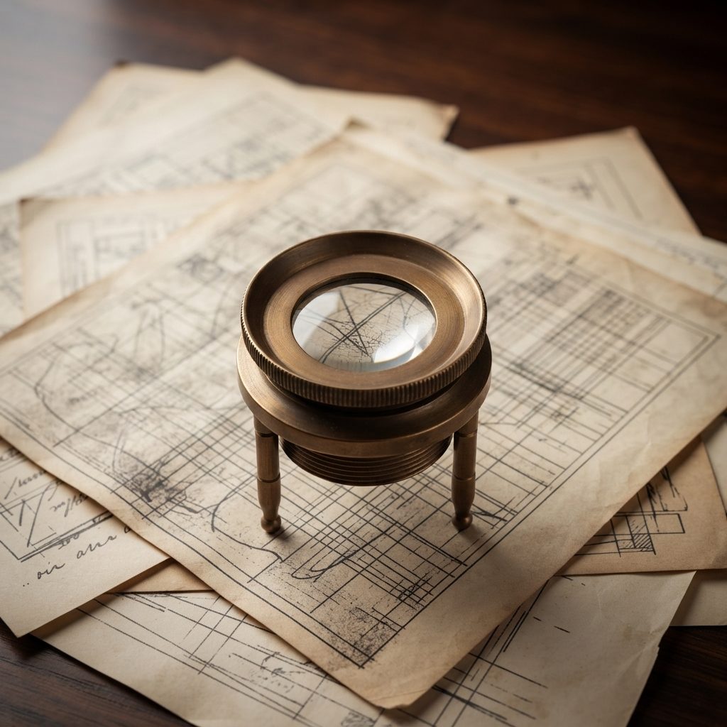 Brass chart magnifier examining architectural drawings, representing reputation and influence built from evidence