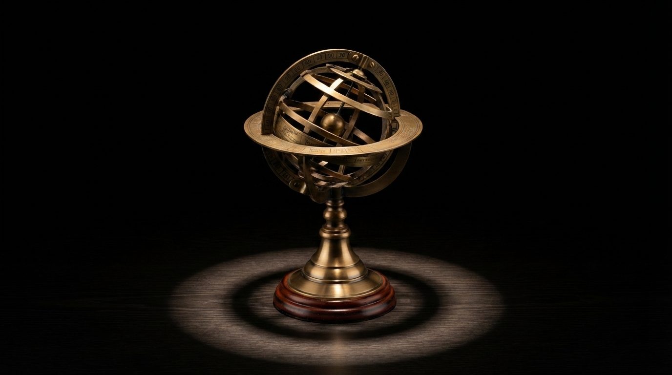 Brass armillary sphere in a pool of light, representing an interconnected organizational system